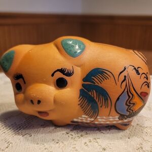 VTG Handpainted Terra Cotta Piggy Bank Signed